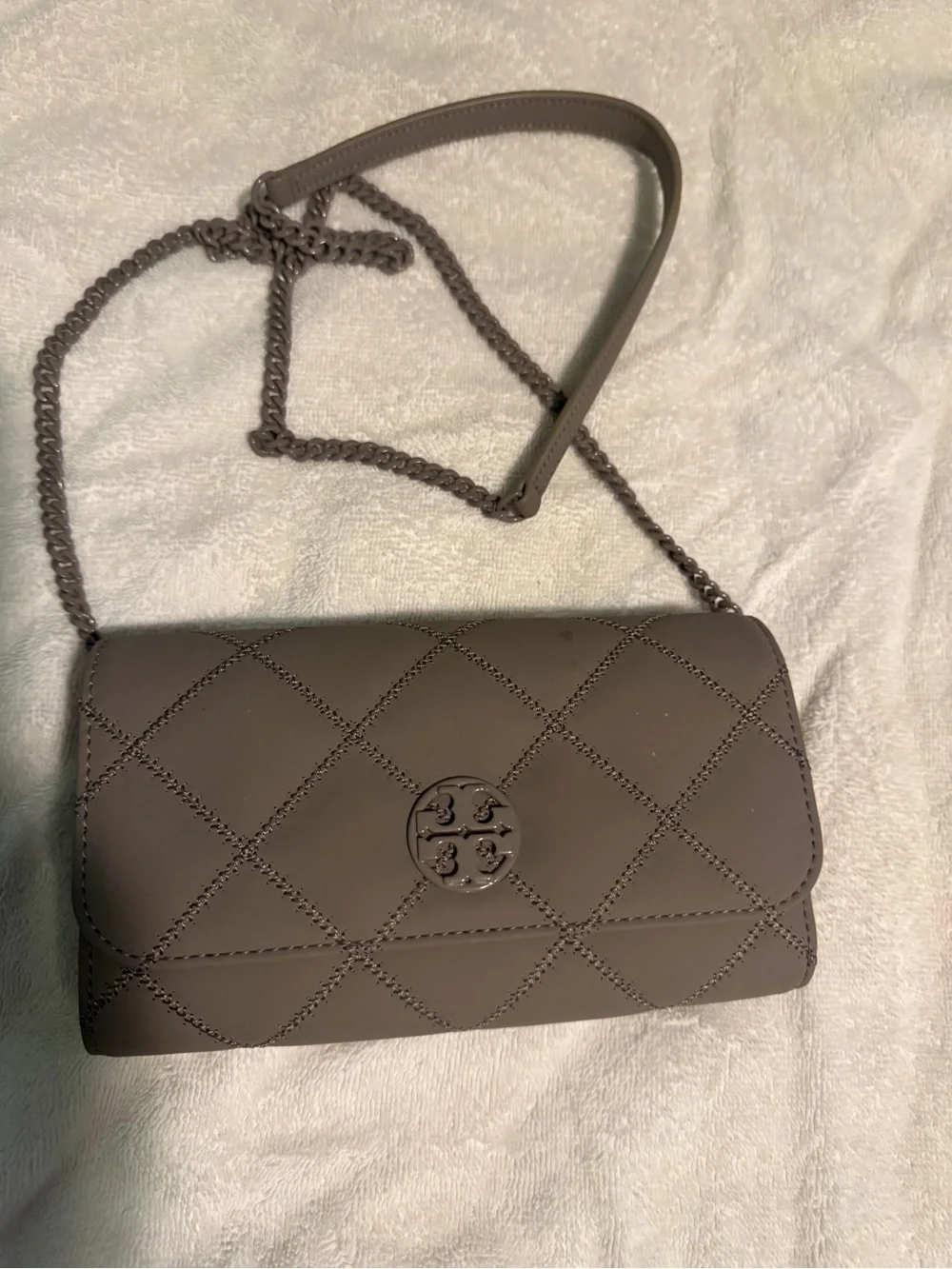 Tory Burch Quilted Leather Crossbody Bag in Taupe Gray
